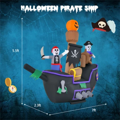 Syemin Decorative Holiday Scene Props 7 FT Halloween Inflatable Skeletons Ghosts On Pirate Ship, Blow-up Pirate Decoration, Black, 13.8"*84"*66" 4 Syemin Decorative Holiday Scene Props 7 FT Halloween Inflatable Skeletons Ghosts On Pirate Ship, Blow-up Pirate Decoration, Black, 13.8"*84"*66" - Image 2