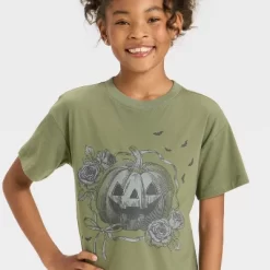 Girls' Short Sleeve Oversized Halloween Graphic T-Shirt - Cat & Jack™ Olive Green