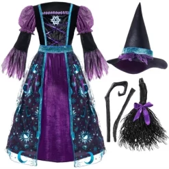 Joyfy Halloween Costume Witch Dress With Broom And Hat For Girls, Kids Moon Shimmer Costume Set For Wizard Role Play Themed Parties