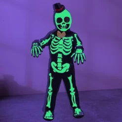 Joyfy Boys' Halloween Costume Glows In The Dark Skeleton Costume, Black Skelebones Jumpsuit, Bone Halloween Costume