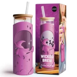 Ototo 17 Fl Oz Wicked Brew Glass Tumbler With Lid And Straw, Silicone, Glass, And Bamboo Purple
