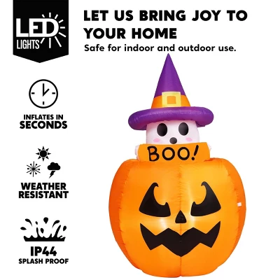 Joyfy 5FT Halloween Inflatables Outdoor Decorations, Animated Inflatable Ghost On Pumpkin With LEDs For Halloween Outdoor Yard Lawn Garden Decoration 3 Joyfy 5FT Halloween Inflatables Outdoor Decorations, Animated Inflatable Ghost On Pumpkin With LEDs For Halloween Outdoor Yard Lawn Garden Decoration