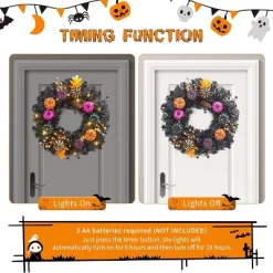 GAOMON 20" Halloween Wreath With Lights For Front Door, Prelit Pumpkin Wreaths With 20 Lights & Timer Black Branch Maple Leaves -Target GUEST 6b164040 a197 4953 b978 de2c5868a068