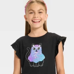 Girls' Short Sleeve Halloween 'Ghost Cat' Flip Sequin T-Shirt - Cat & Jack™ Black -Target GUEST 6fd6a29f 83d3 4255 be05 bc5798d8cd9e