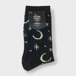 Women's Glow-in-the-Dark Moon And Stars Halloween Cozy Crew Socks - Hyde And EEK! Boutique™ Black 4 - 10