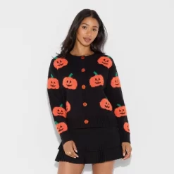 Women's Pumpkin Graphic Cardigan - Black
