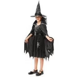 Garvee Black Witch Costume For Girls--Halloween Plush Witch Dress With Hat
