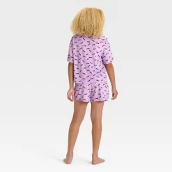 Girls' Halloween Bats Short Sleeve Button-Down Pajama Set - Art Class™ Purple