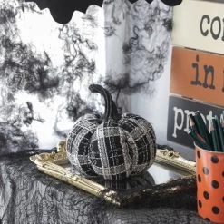 Whisen Fabric Plaid Pumpkin, Holiday Halloween Decoration - Black & White