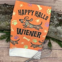 Happy Hallo Wiener Funny Scary Puppy Dog Tea Towel - Crazy Dog Tea Towel For Halloween Season HalloWiener